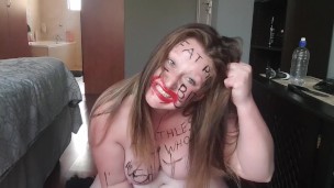 Big fat worthless pig degrading herself | body writing | hair pulling | self slapping